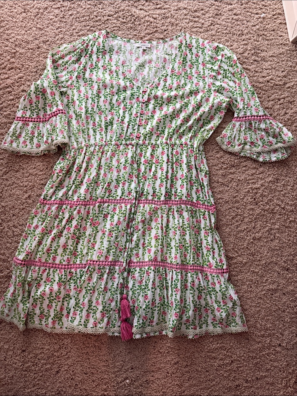 Floral Tiered Midi Dress with Pink Trim